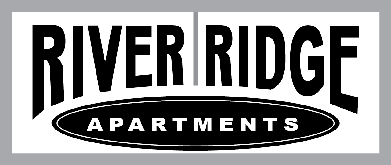 A black and white image of a logo for River Ridge Apartments.